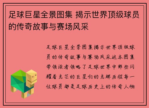 足球巨星全景图集 揭示世界顶级球员的传奇故事与赛场风采